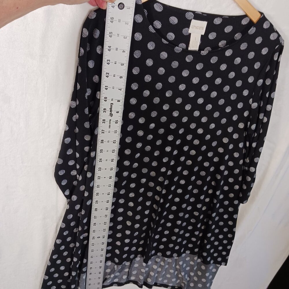 Chico's, Solar Polka Dots, Small, Black & White Tunic Top, HI-Low, Elbow Sleeves - Picture 11 of 14